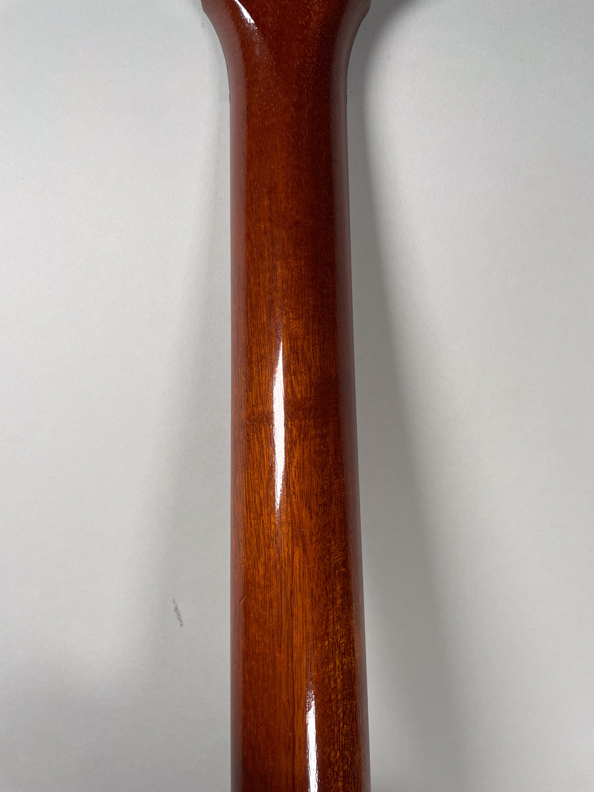 The guitar's glossy, reddish-brown neck is shown from behind, with visible wood grain and a bright reflection down the center.