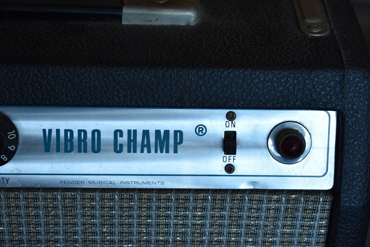 Close-up of the amp's silver control panel, showing a black ON/OFF toggle switch, a red pilot light, and a black knob with numbers 8-10.