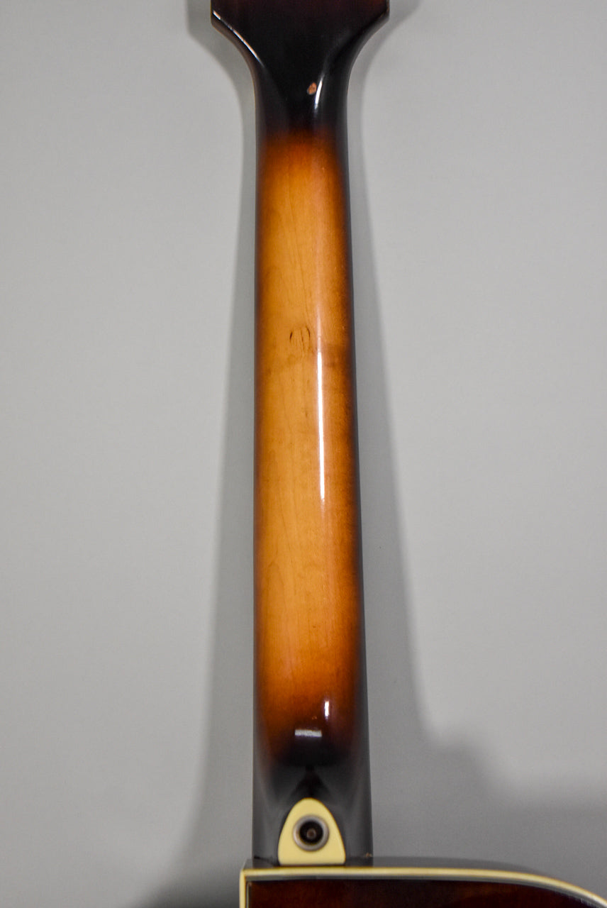 The guitar's neck, viewed from the back, shows a sunburst finish with light wear and a cream heel cap with a strap button.