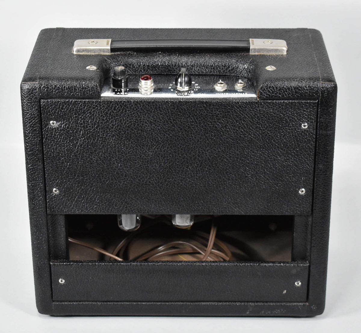 Rear view of a black textured combo amp, showing the silver control panel, black handle, and exposed tubes and wiring.