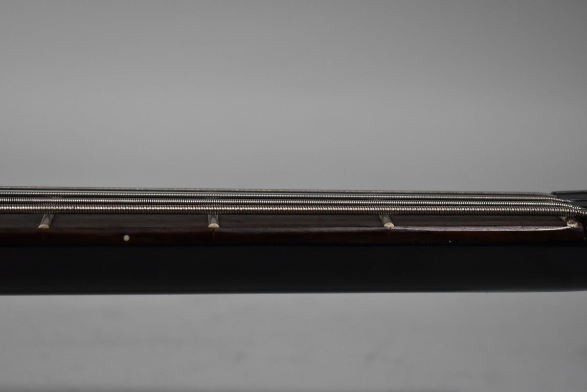 Close-up of the bass guitar's dark fretboard and four strings, showing white fret markers and a single white side dot.
