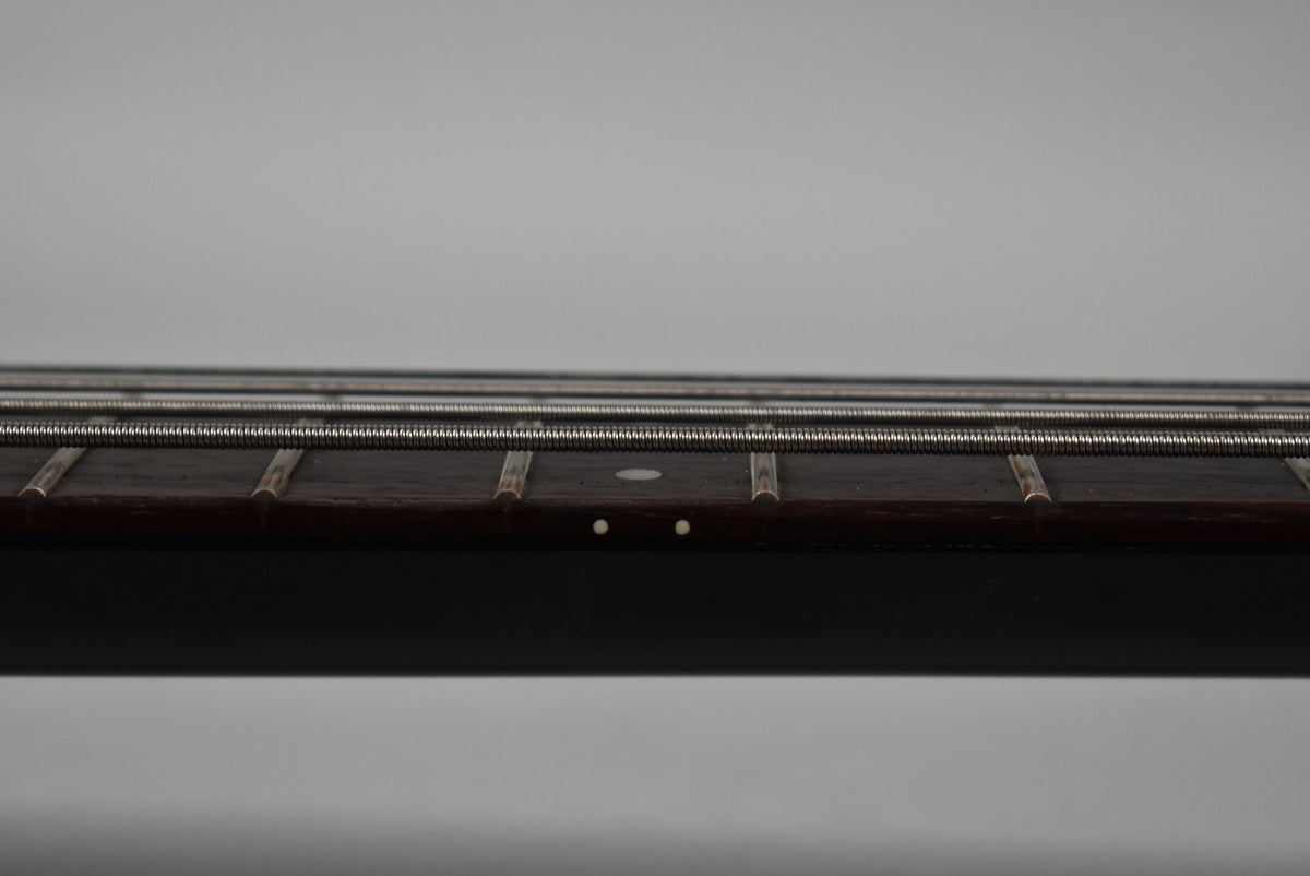 Close-up of the bass guitar's dark fretboard and four strings, showing two white dot inlays on the side and one on the top.
