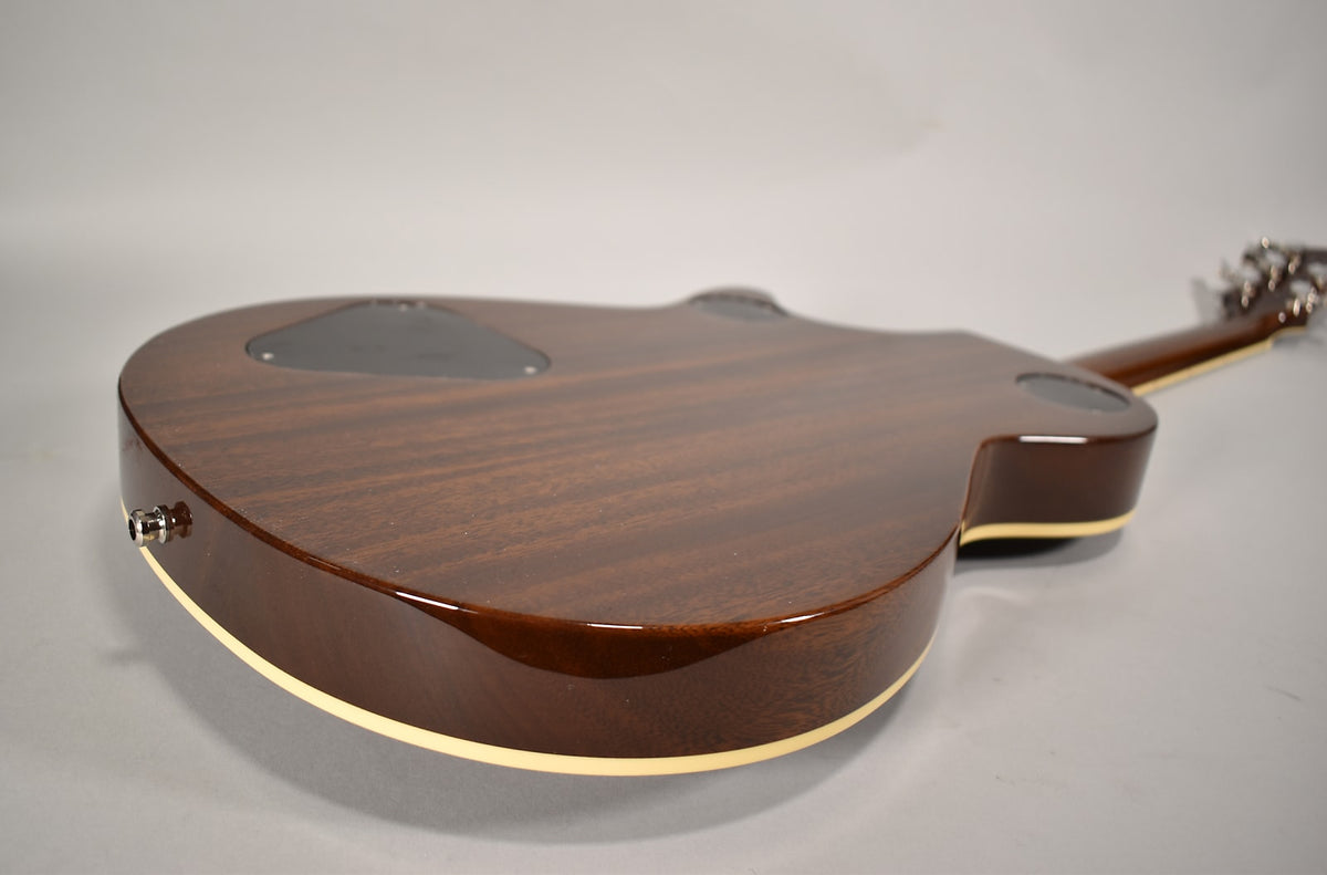 The guitar's dark brown back, with visible wood grain, shows a black control plate and a chrome output jack.