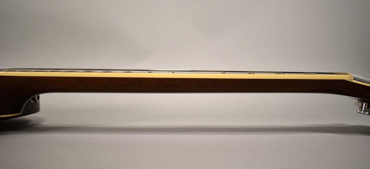 The guitar's dark brown neck and fretboard are visible from the side, with cream binding and shiny frets.