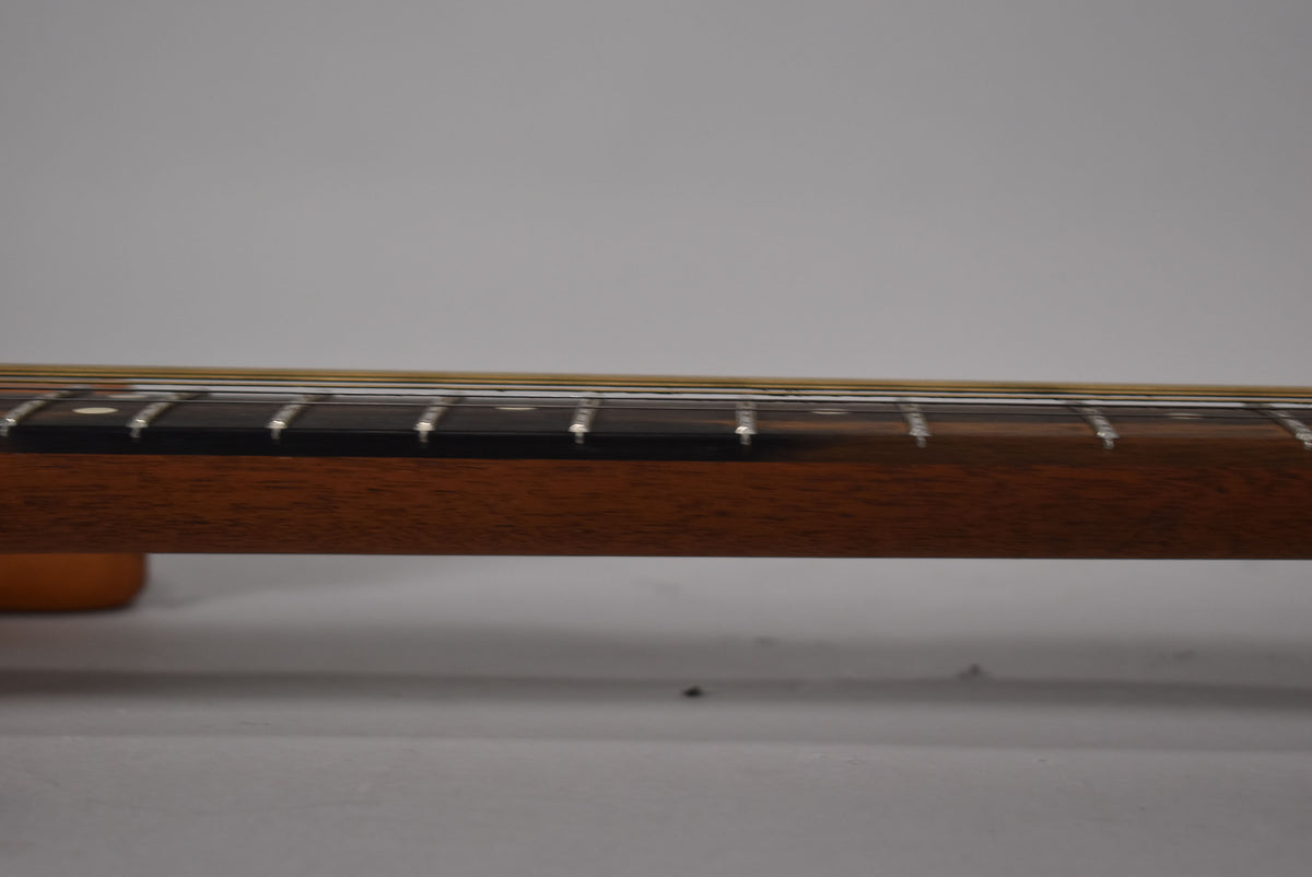 The guitar's dark brown fretboard and frets are seen from the side, with light strings visible above and a hint of the pale blue body below.