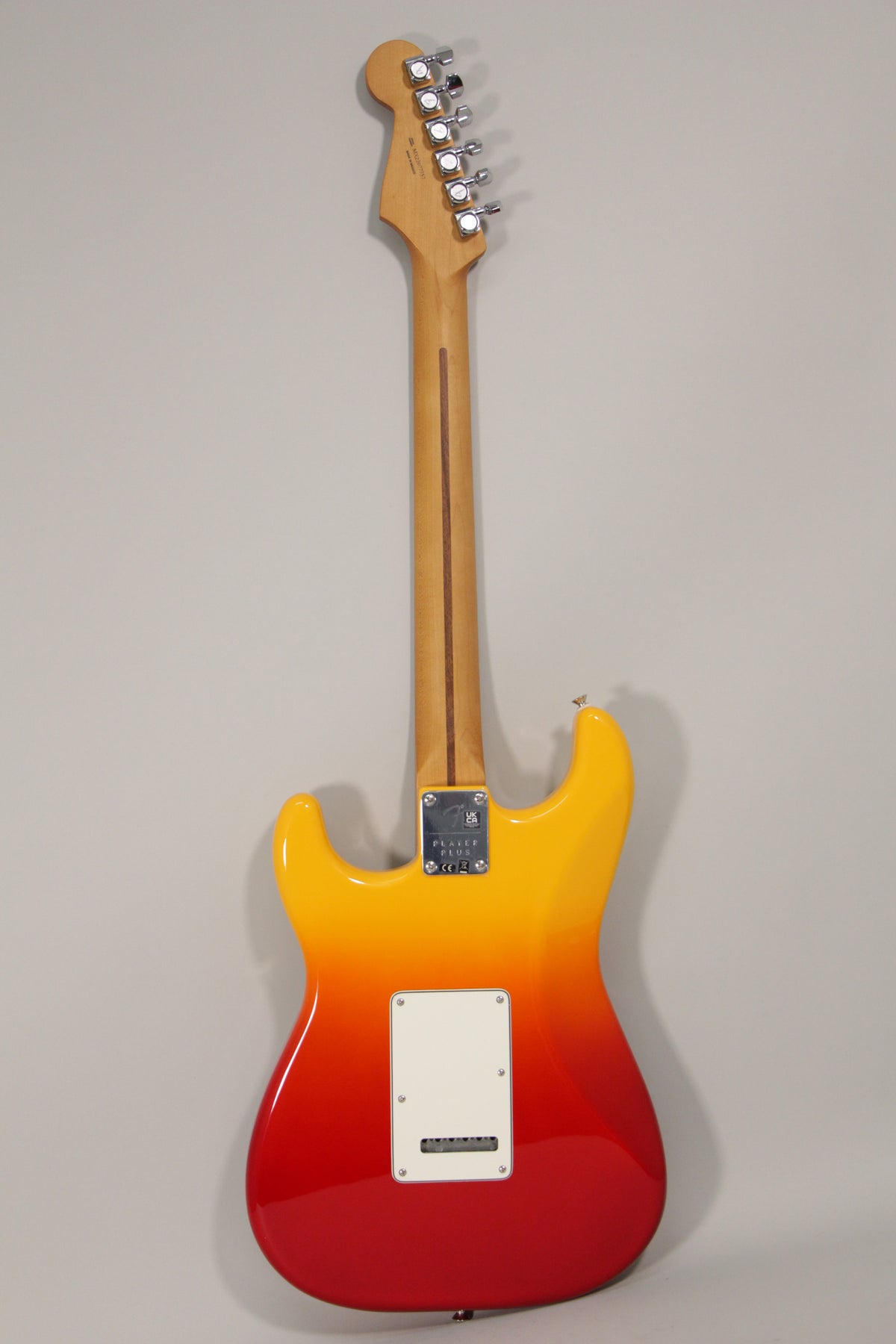 The guitar's back, in Tequila Sunrise finish, shows a maple neck, chrome tuners, and a white tremolo cover.