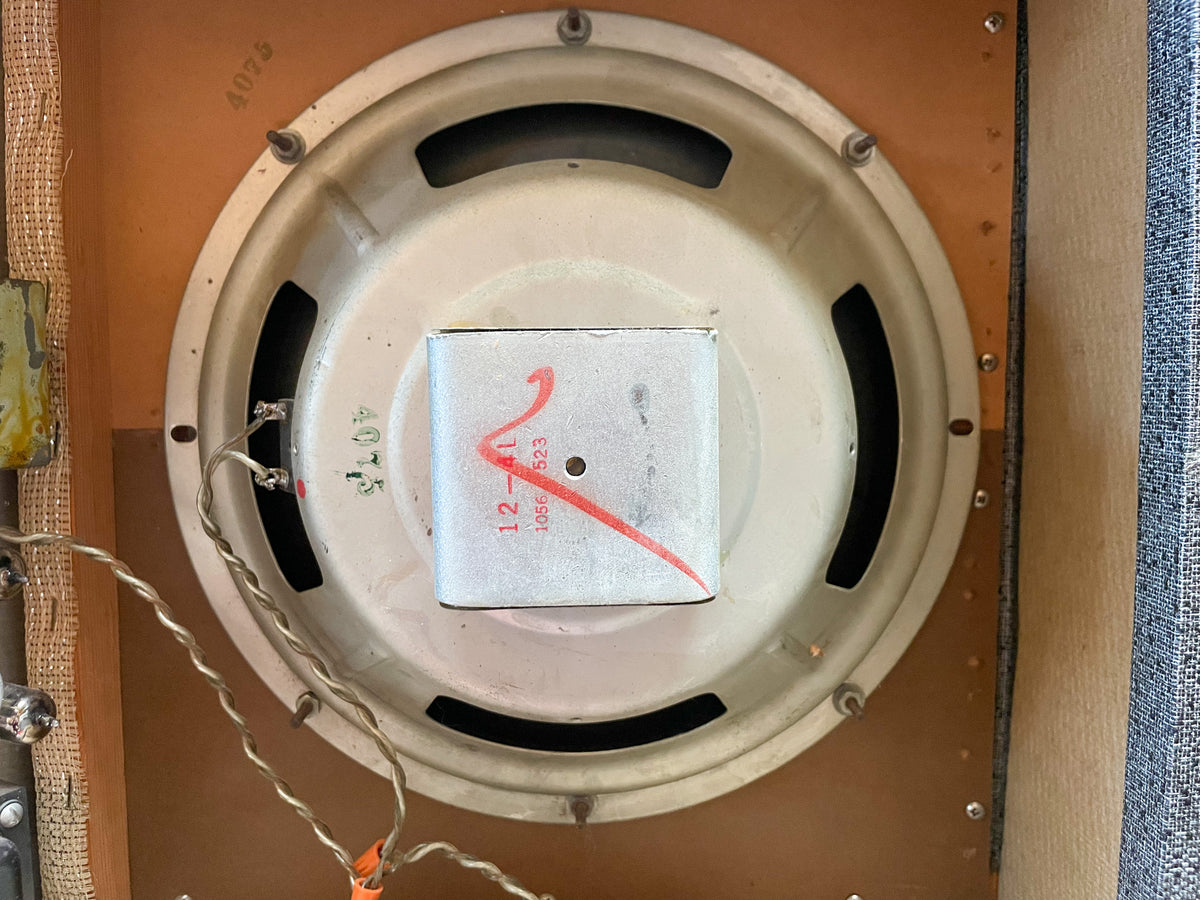 Rear view of the amp's light-colored speaker, showing its silver magnet, wiring, and mounting screws against the wooden baffle.