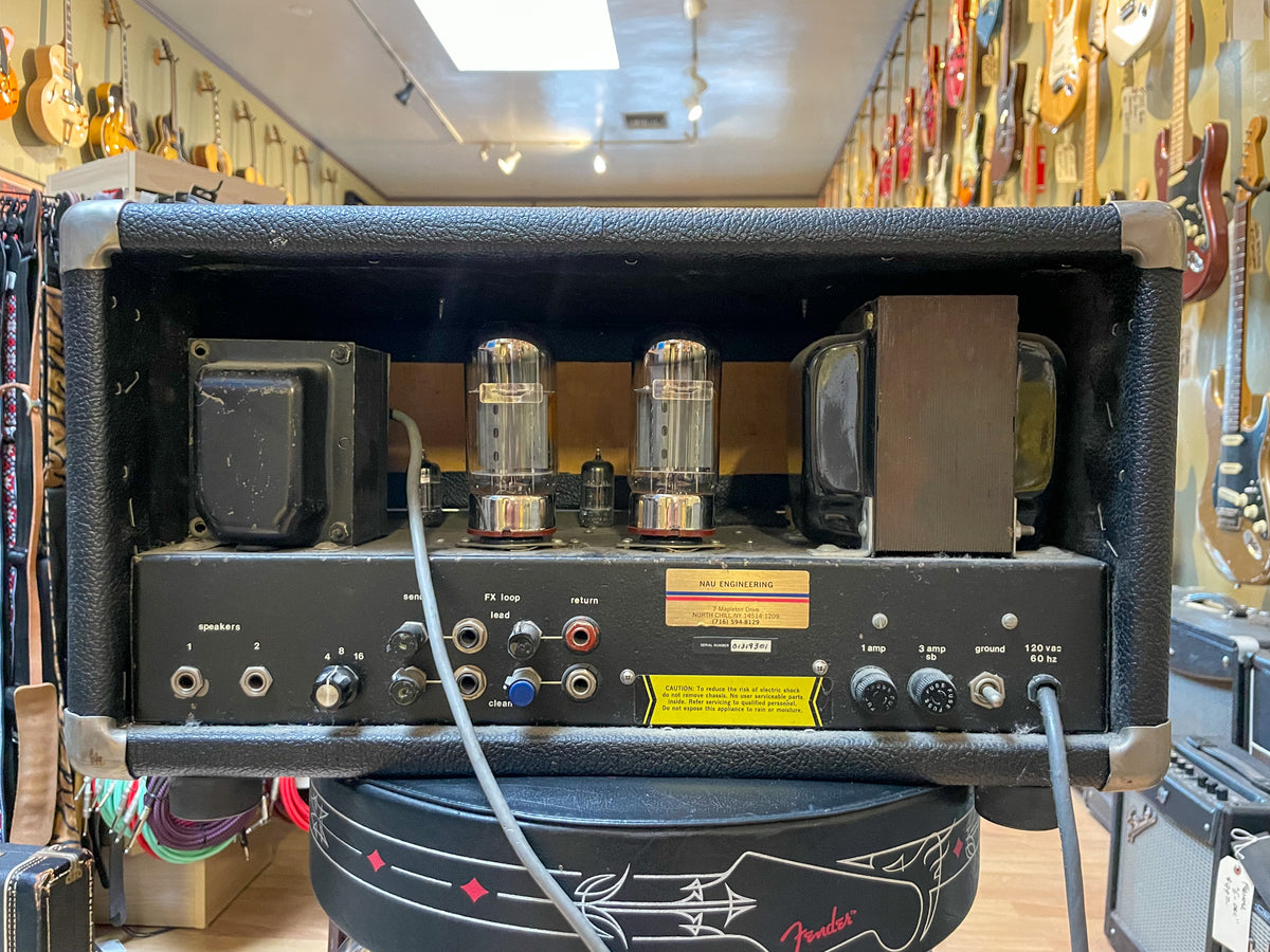 Rear view of the black tolex amp head, showing two large glowing vacuum tubes, multiple input/output jacks, and a power cable.