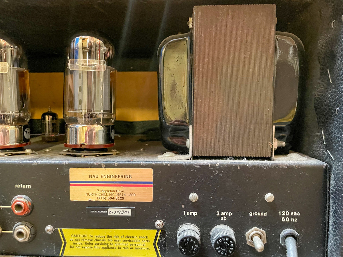 Rear view of the amp head, showing three large vacuum tubes, a transformer, and the input/output jacks and fuse holders.