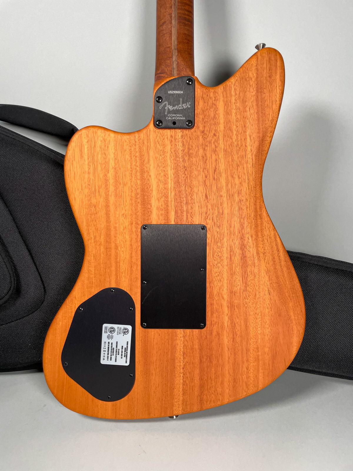 The guitar's back, a warm reddish-brown wood with visible grain, features two black control plates and a black neck plate.