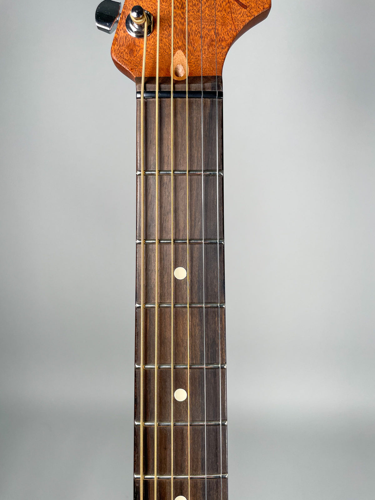 Close-up of the guitar's dark wood fretboard with white dot inlays, golden strings, and part of the light brown headstock.