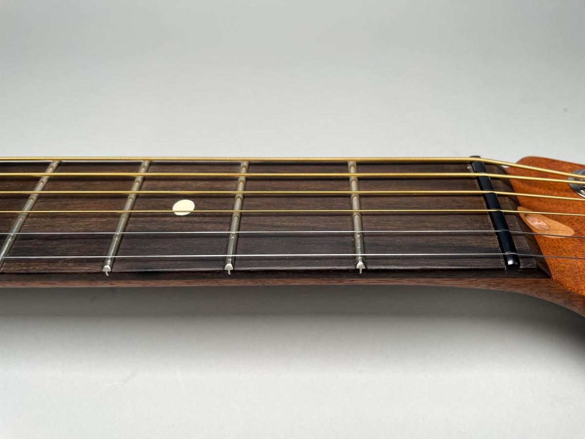 Close-up of the dark fretboard with a single white dot inlay, showing six strings and a black nut against a light background.