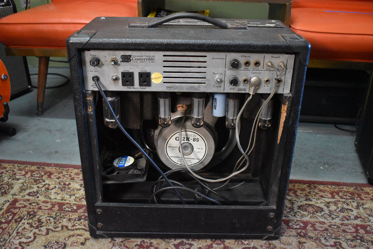 Rear view of a black tolex combo amp, showing the exposed speaker, tubes, and a silver control panel with various inputs and knobs.