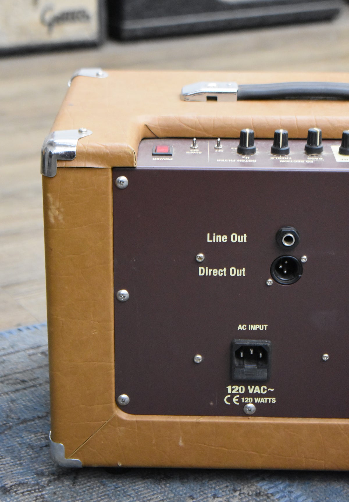 A close-up of the amp's tan tolex side and brown back panel, showing the Line Out, Direct Out, and AC Input jacks.