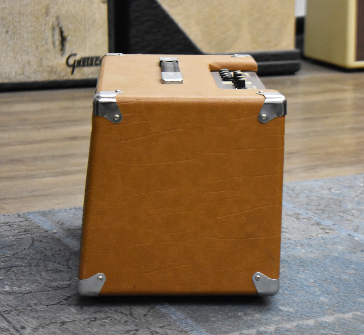 The amp's right side is visible, showing its textured tan tolex, chrome corner protectors, and a top-mounted handle and controls.
