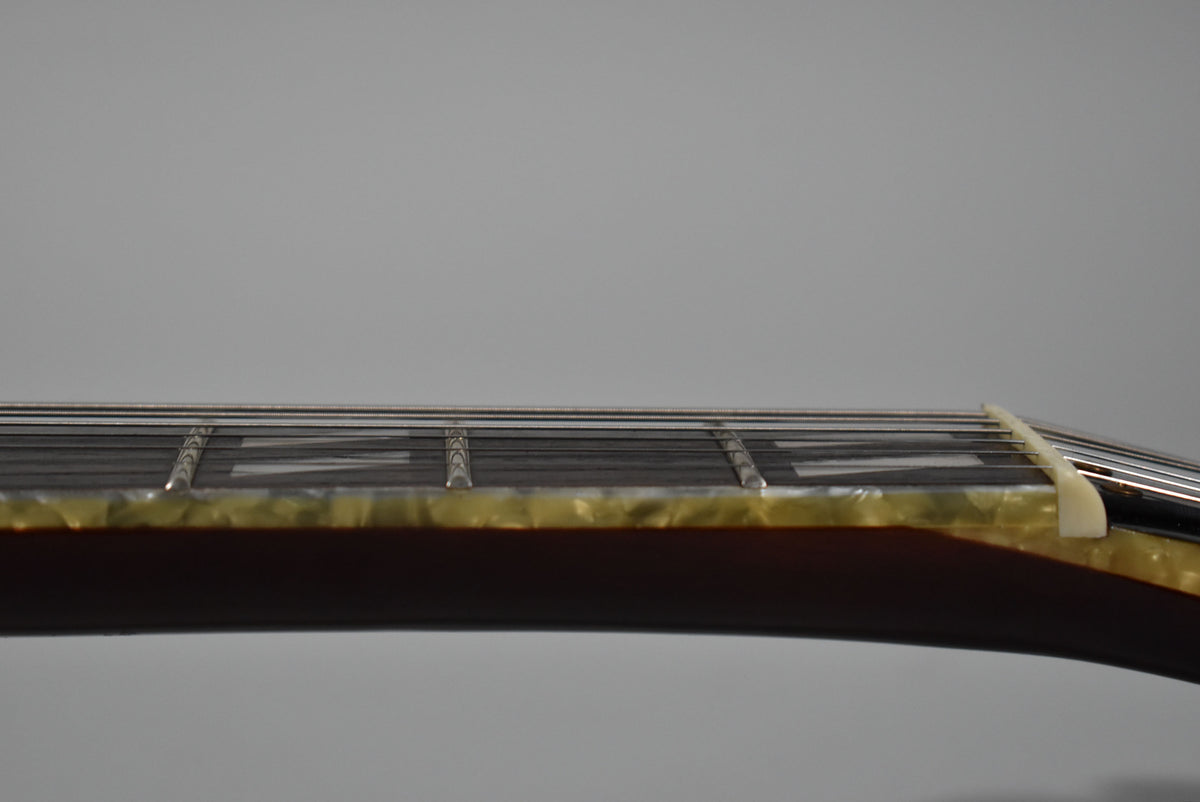 Close-up of the guitar's dark fretboard and frets, showing rectangular inlays, a cream binding, and a white nut on the right.