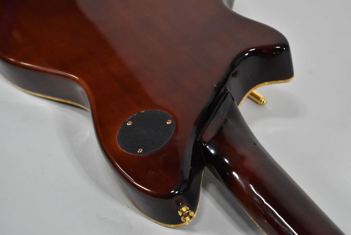 The guitar's dark brown body and neck are shown from the back, with a black control cavity cover and gold output jack visible.